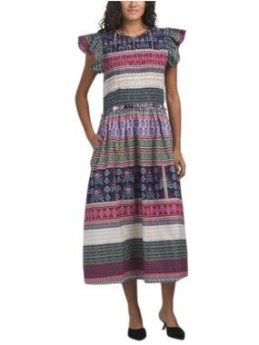 LEA Flutter Sleeve Mixed Print Maxi Dress